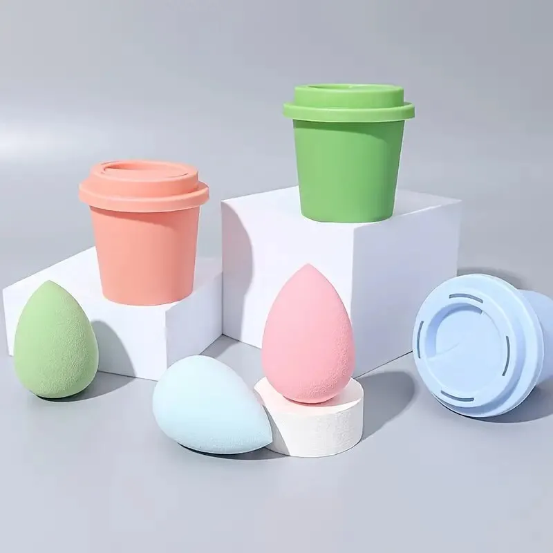 BATENG Non-latex Makeup Sponges With Coffe Cup Storage | Foundation Concealer Applicator Sponge Heart Shaped Durable Sponge Material Soft