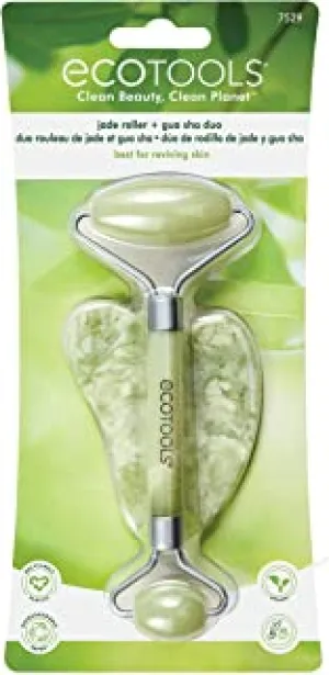 EcoTools Jade Facial Roller and Gua Sha Stone Duo, Face Roller and Massager, Skincare and Sculpting Tools, Green, Promotes Healthy Skin, Green, 2 Piece Set, 1 Count