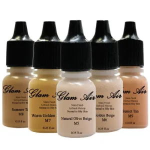 Glam Air Airbrush Water-based Large 0.50 Fl. Oz. Bottles of Foundation in 5 Assorted Medium Matte Shades (For Oily to Normal Skin)